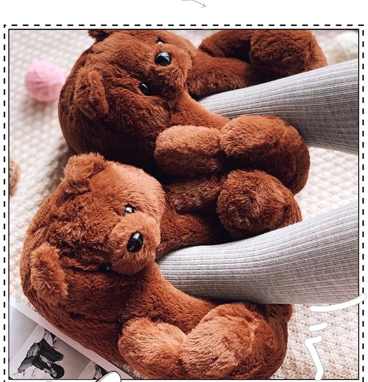 Cute Teddy bear plush Winter slippers,wrapped heel Funny indoor floor shoes,Women gift,warm soft cartoon Fluffy animal slippers