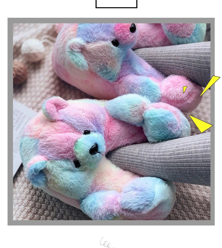 Cute Teddy bear plush Winter slippers,wrapped heel Funny indoor floor shoes,Women gift,warm soft cartoon Fluffy animal slippers