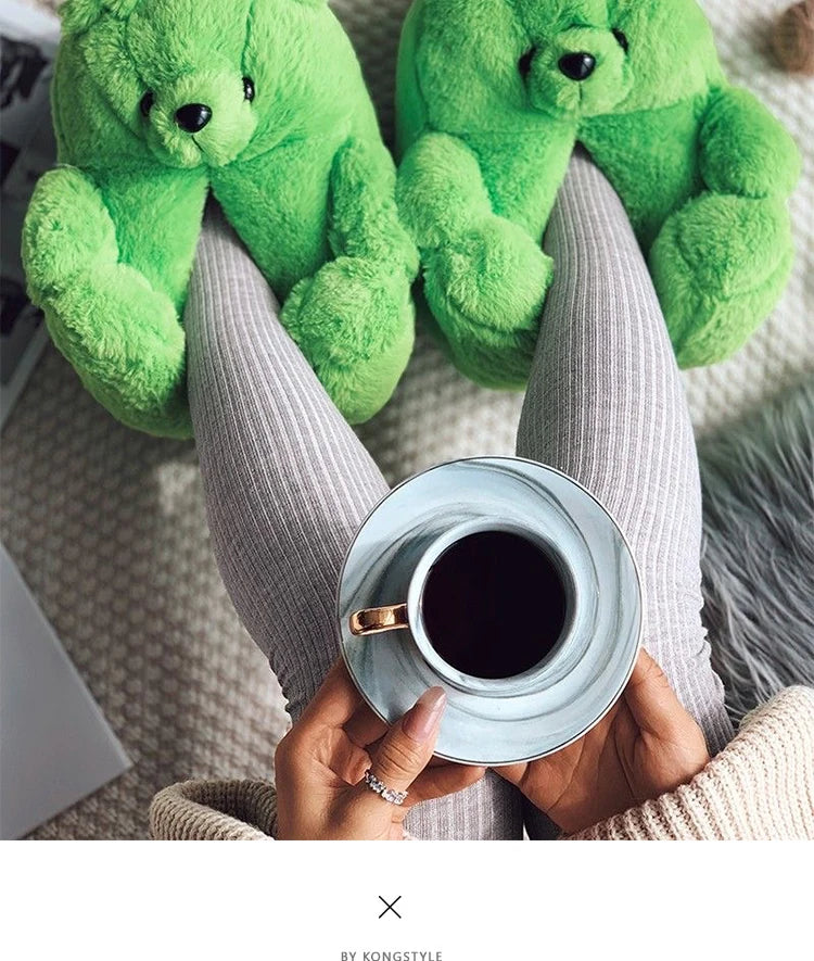 Cute Teddy bear plush Winter slippers,wrapped heel Funny indoor floor shoes,Women gift,warm soft cartoon Fluffy animal slippers