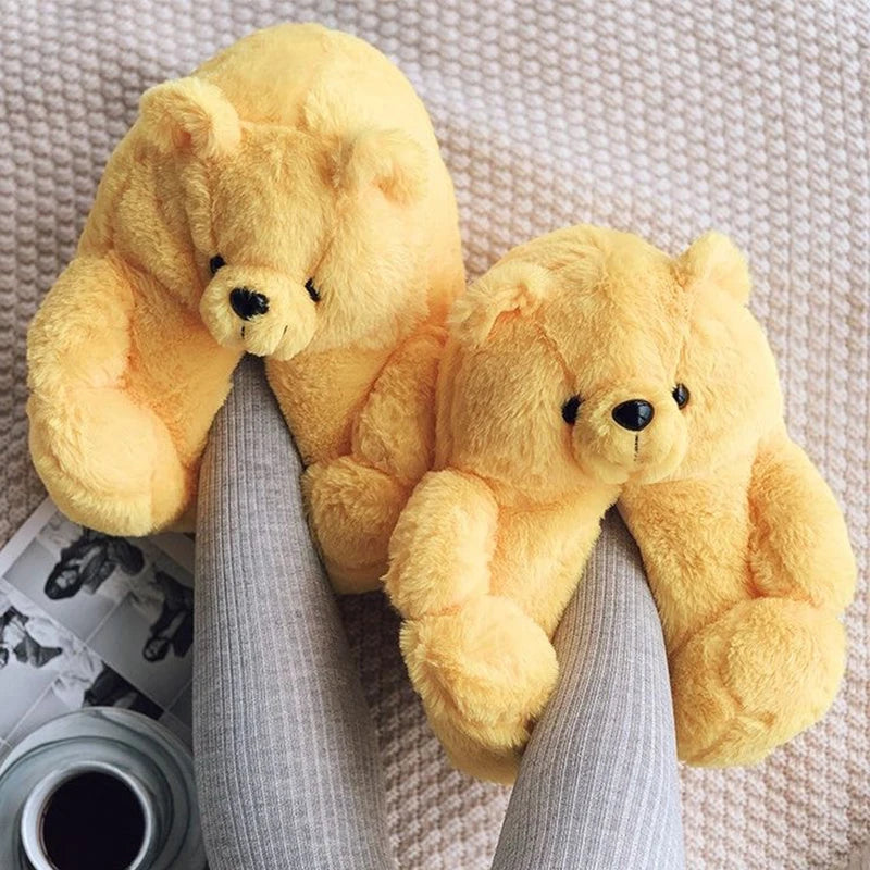 Cute Teddy bear plush Winter slippers,wrapped heel Funny indoor floor shoes,Women gift,warm soft cartoon Fluffy animal slippers