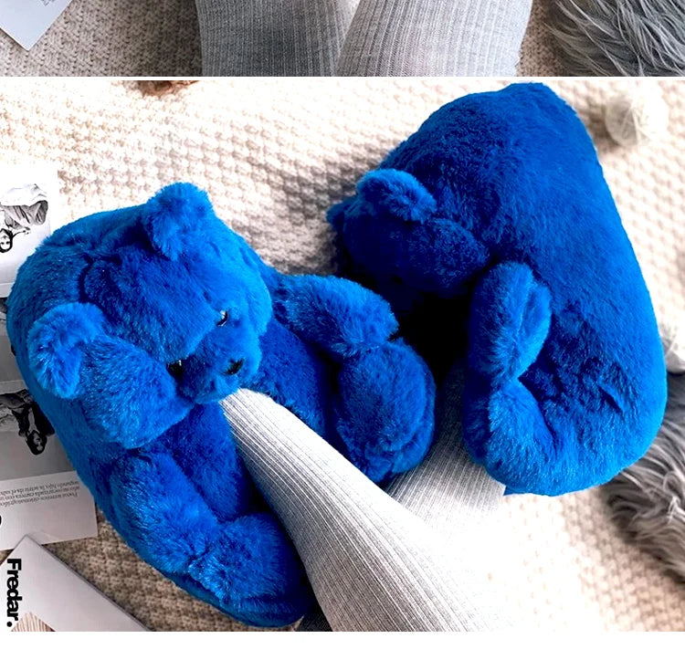 Cute Teddy bear plush Winter slippers,wrapped heel Funny indoor floor shoes,Women gift,warm soft cartoon Fluffy animal slippers