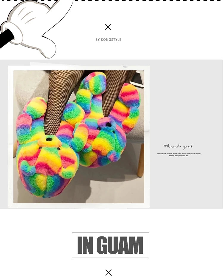 Cute Teddy bear plush Winter slippers,wrapped heel Funny indoor floor shoes,Women gift,warm soft cartoon Fluffy animal slippers