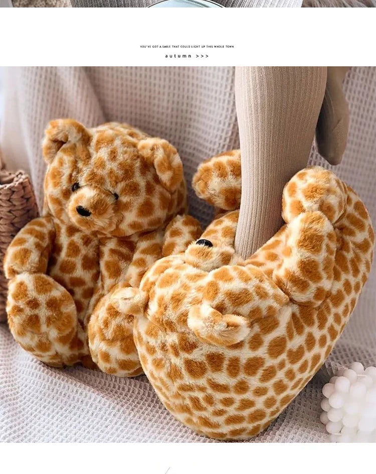 Cute Teddy bear plush Winter slippers,wrapped heel Funny indoor floor shoes,Women gift,warm soft cartoon Fluffy animal slippers
