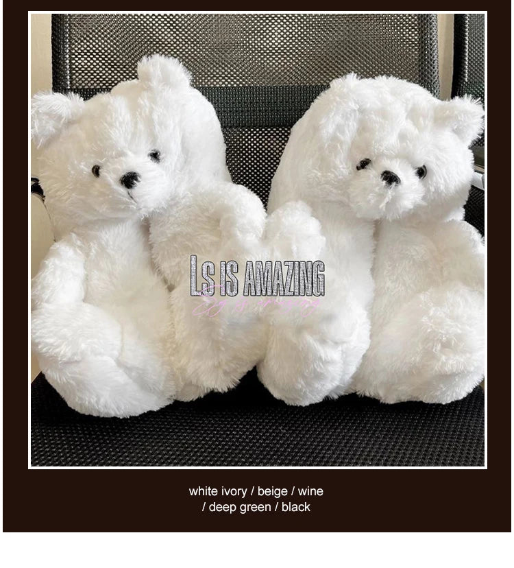 Cute Teddy bear plush Winter slippers,wrapped heel Funny indoor floor shoes,Women gift,warm soft cartoon Fluffy animal slippers