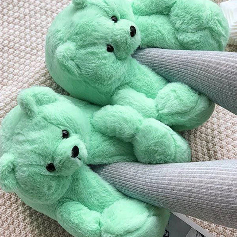 Cute Teddy bear plush Winter slippers,wrapped heel Funny indoor floor shoes,Women gift,warm soft cartoon Fluffy animal slippers