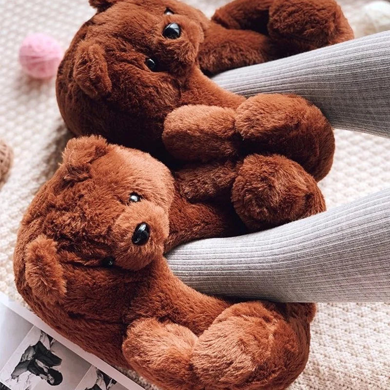Cute Teddy bear plush Winter slippers,wrapped heel Funny indoor floor shoes,Women gift,warm soft cartoon Fluffy animal slippers