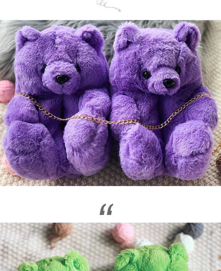 Cute Teddy bear plush Winter slippers,wrapped heel Funny indoor floor shoes,Women gift,warm soft cartoon Fluffy animal slippers