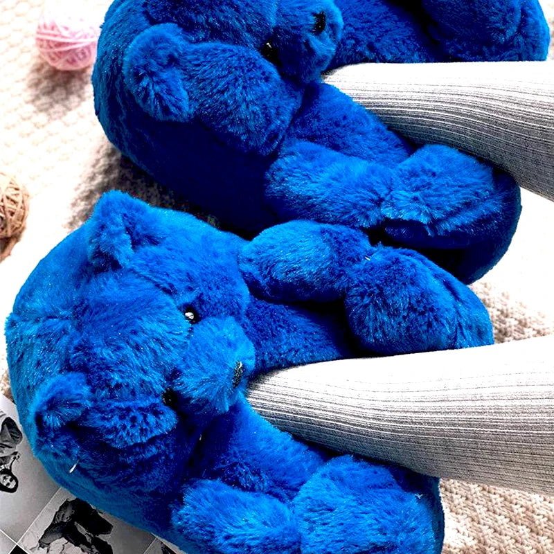 Cute Teddy bear plush Winter slippers,wrapped heel Funny indoor floor shoes,Women gift,warm soft cartoon Fluffy animal slippers