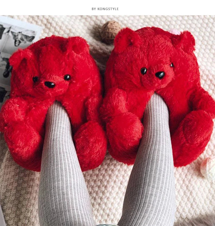 Cute Teddy bear plush Winter slippers,wrapped heel Funny indoor floor shoes,Women gift,warm soft cartoon Fluffy animal slippers