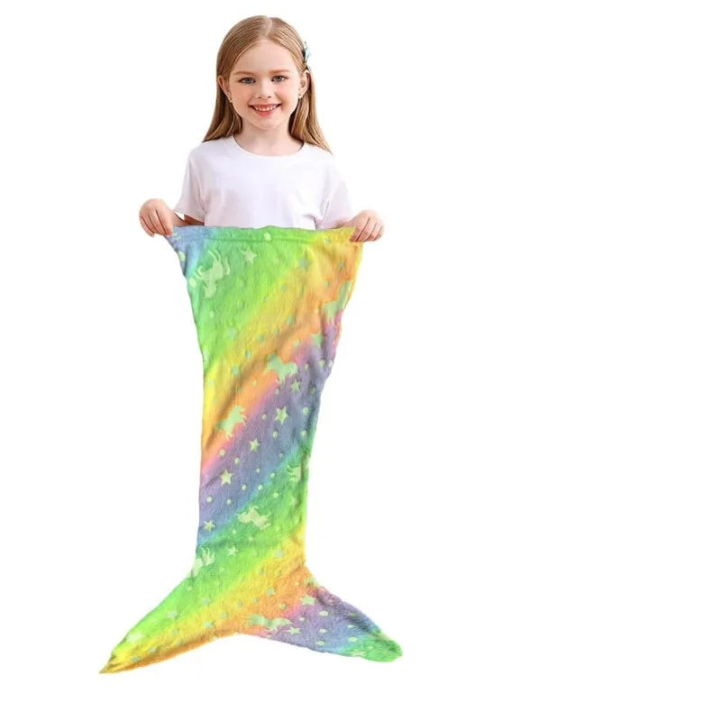 New Night Glow Mermaid Tail Blanket Soft Flannel Fleece Wearable Companion Cute Kids Blankets for All Seasons