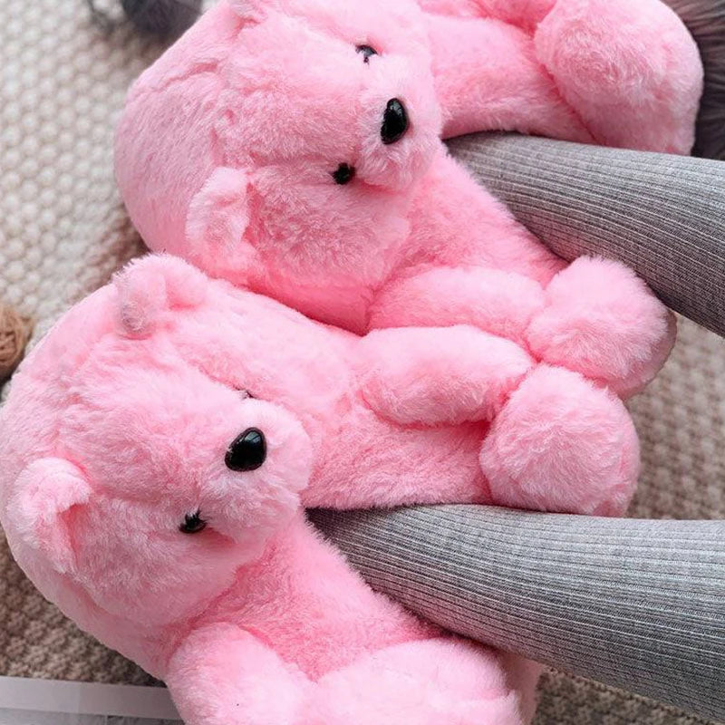 Cute Teddy bear plush Winter slippers,wrapped heel Funny indoor floor shoes,Women gift,warm soft cartoon Fluffy animal slippers