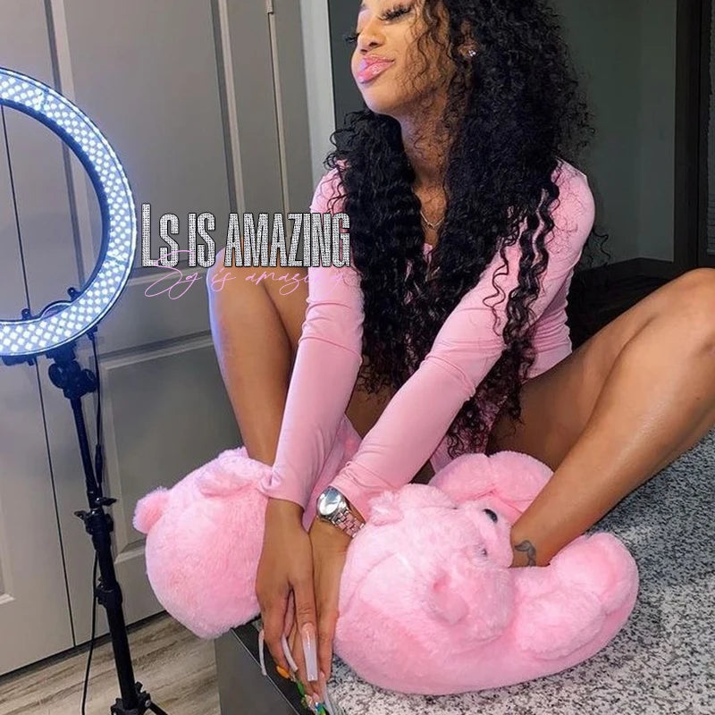 Cute Teddy bear plush Winter slippers,wrapped heel Funny indoor floor shoes,Women gift,warm soft cartoon Fluffy animal slippers