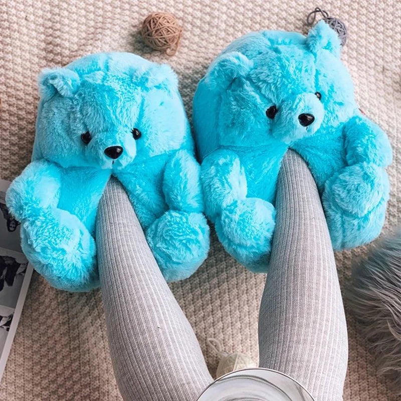Cute Teddy bear plush Winter slippers,wrapped heel Funny indoor floor shoes,Women gift,warm soft cartoon Fluffy animal slippers