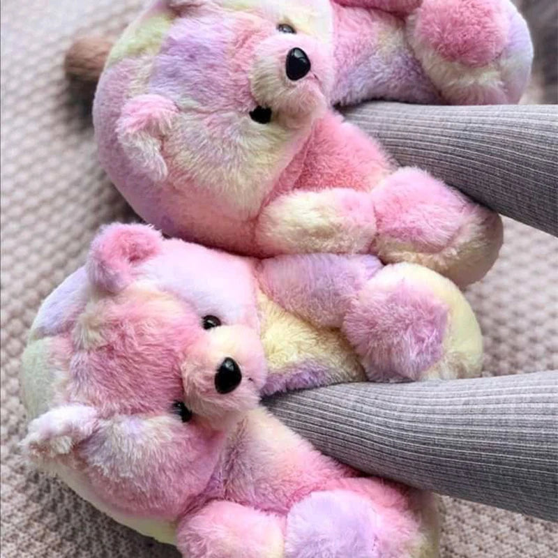 Cute Teddy bear plush Winter slippers,wrapped heel Funny indoor floor shoes,Women gift,warm soft cartoon Fluffy animal slippers