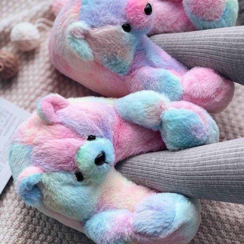 Cute Teddy bear plush Winter slippers,wrapped heel Funny indoor floor shoes,Women gift,warm soft cartoon Fluffy animal slippers