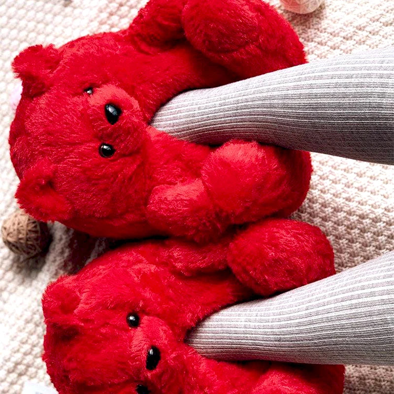 Cute Teddy bear plush Winter slippers,wrapped heel Funny indoor floor shoes,Women gift,warm soft cartoon Fluffy animal slippers