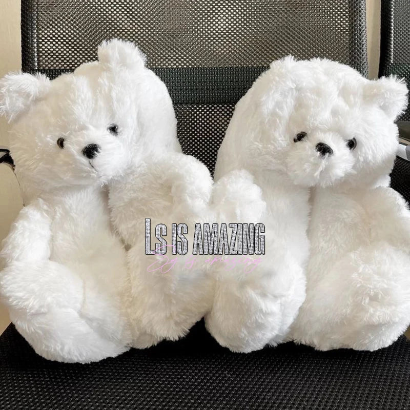 Cute Teddy bear plush Winter slippers,wrapped heel Funny indoor floor shoes,Women gift,warm soft cartoon Fluffy animal slippers