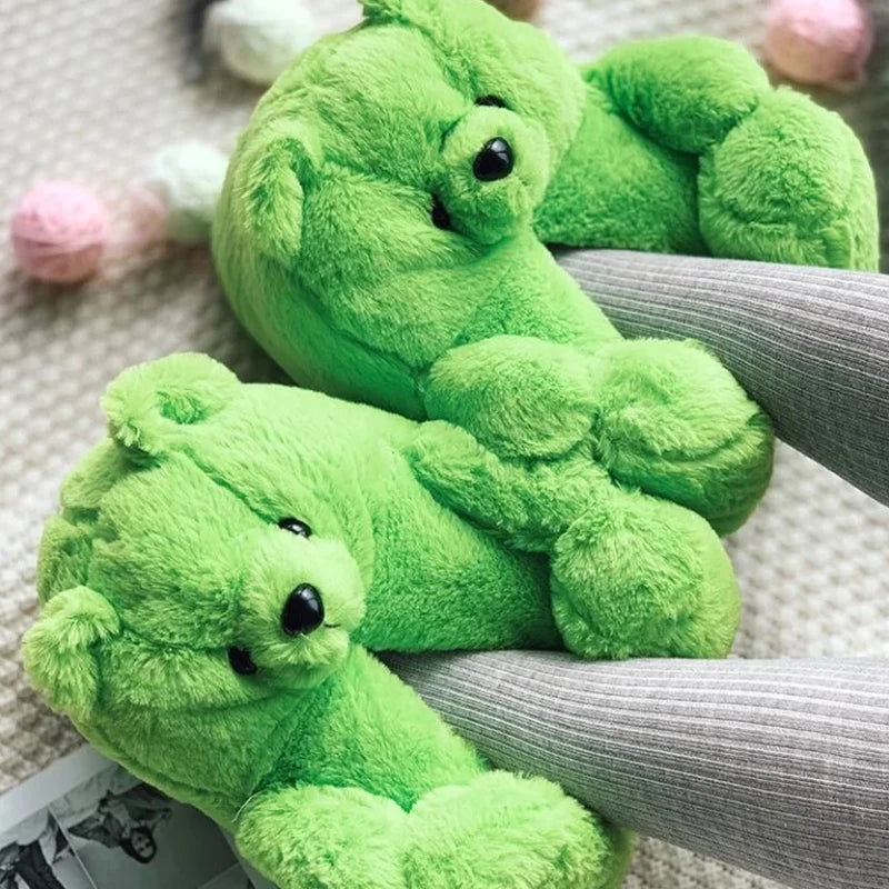 Cute Teddy bear plush Winter slippers,wrapped heel Funny indoor floor shoes,Women gift,warm soft cartoon Fluffy animal slippers