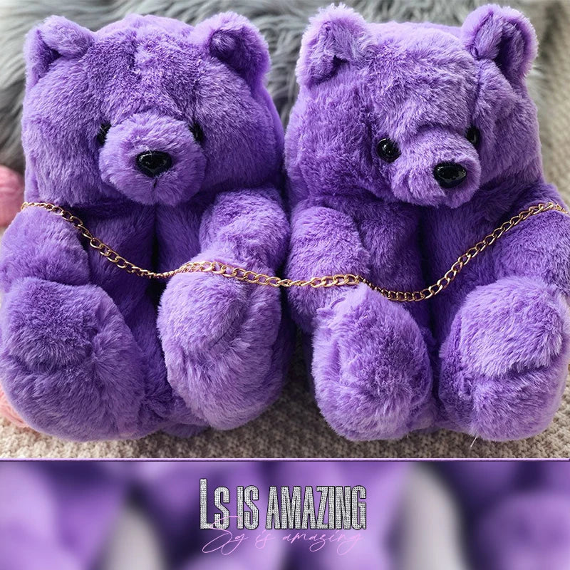 Cute Teddy bear plush Winter slippers,wrapped heel Funny indoor floor shoes,Women gift,warm soft cartoon Fluffy animal slippers