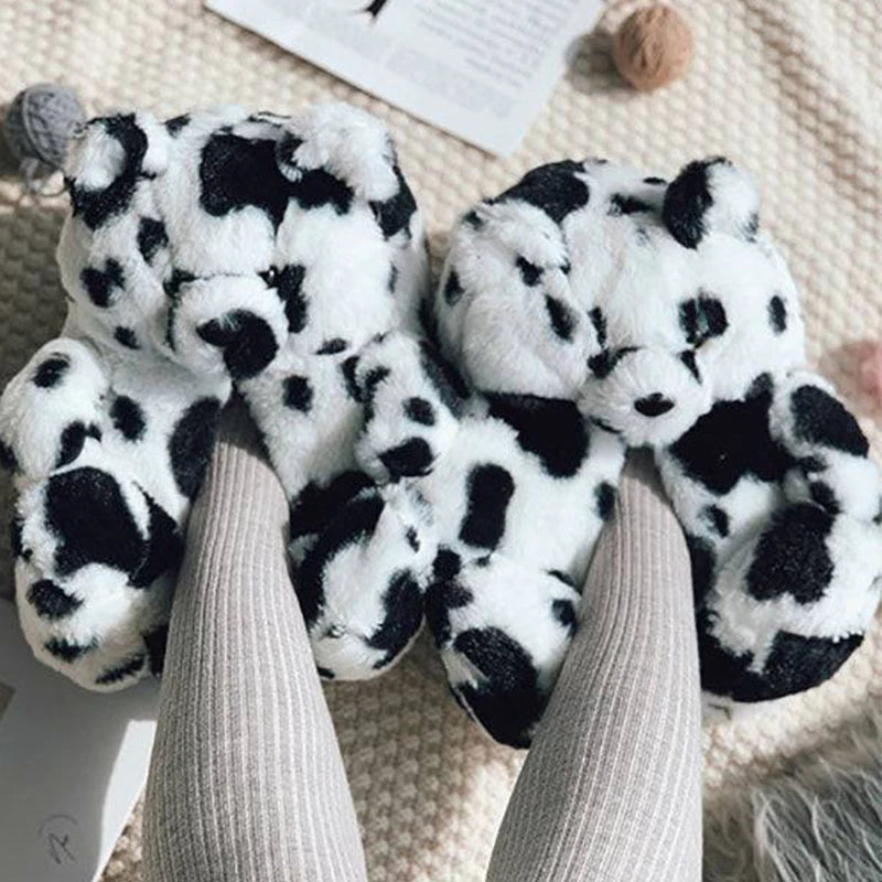 Cute Teddy bear plush Winter slippers,wrapped heel Funny indoor floor shoes,Women gift,warm soft cartoon Fluffy animal slippers