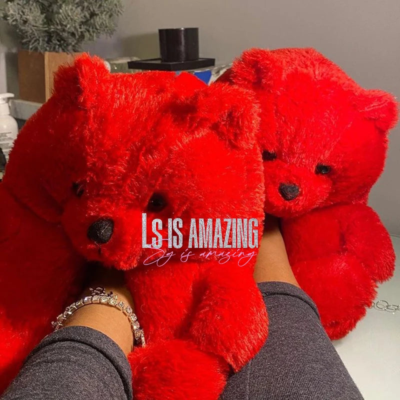 Cute Teddy bear plush Winter slippers,wrapped heel Funny indoor floor shoes,Women gift,warm soft cartoon Fluffy animal slippers