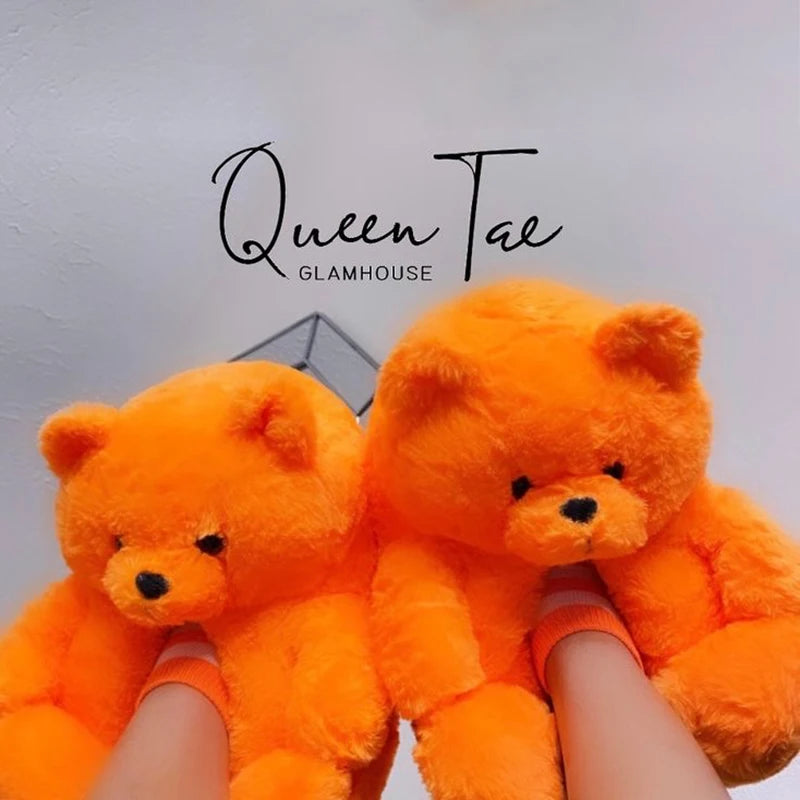 Cute Teddy bear plush Winter slippers,wrapped heel Funny indoor floor shoes,Women gift,warm soft cartoon Fluffy animal slippers
