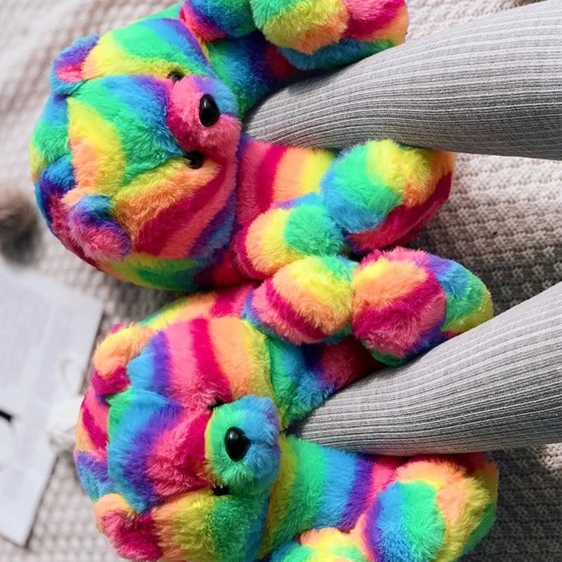 Cute Teddy bear plush Winter slippers,wrapped heel Funny indoor floor shoes,Women gift,warm soft cartoon Fluffy animal slippers
