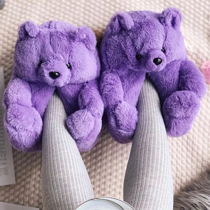 Cute Teddy bear plush Winter slippers,wrapped heel Funny indoor floor shoes,Women gift,warm soft cartoon Fluffy animal slippers