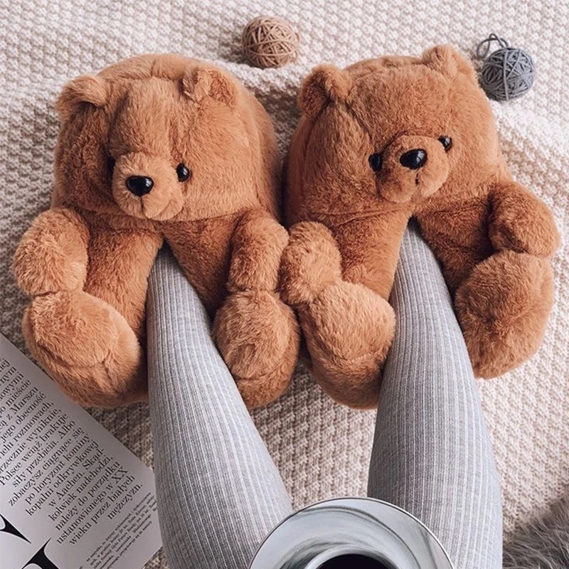 Cute Teddy bear plush Winter slippers,wrapped heel Funny indoor floor shoes,Women gift,warm soft cartoon Fluffy animal slippers