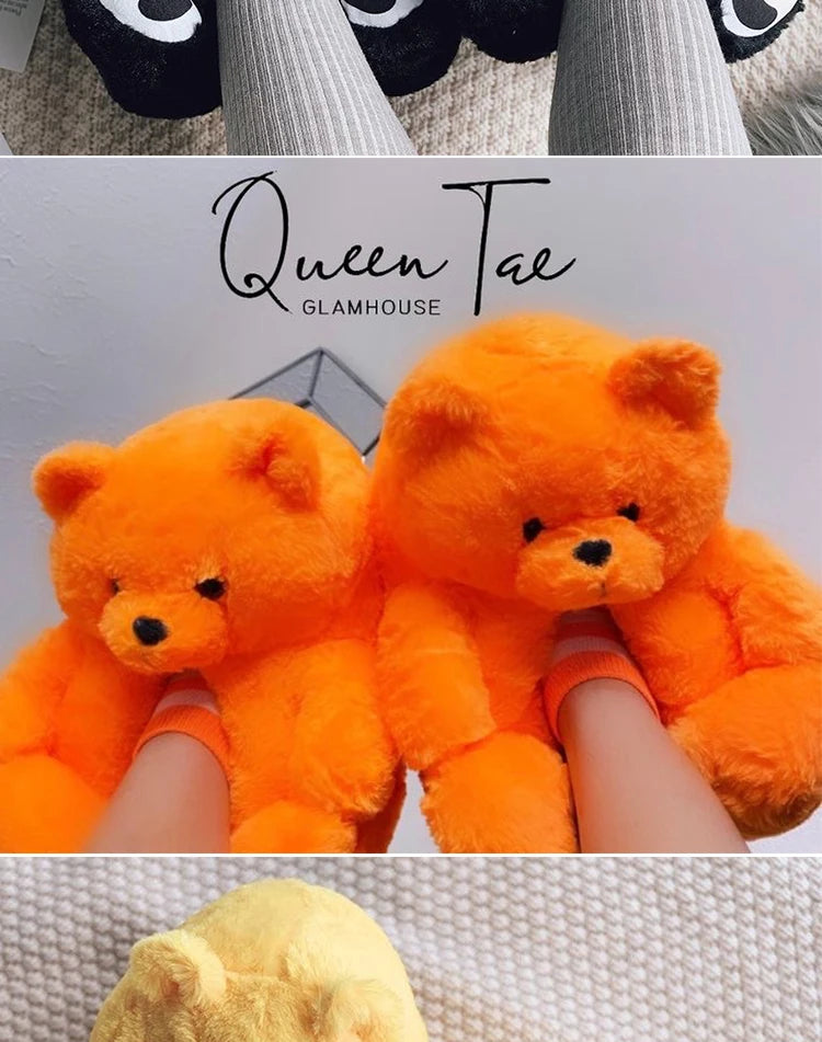 Cute Teddy bear plush Winter slippers,wrapped heel Funny indoor floor shoes,Women gift,warm soft cartoon Fluffy animal slippers