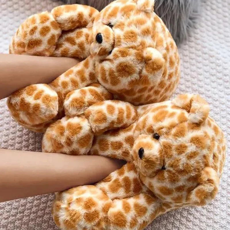 Cute Teddy bear plush Winter slippers,wrapped heel Funny indoor floor shoes,Women gift,warm soft cartoon Fluffy animal slippers