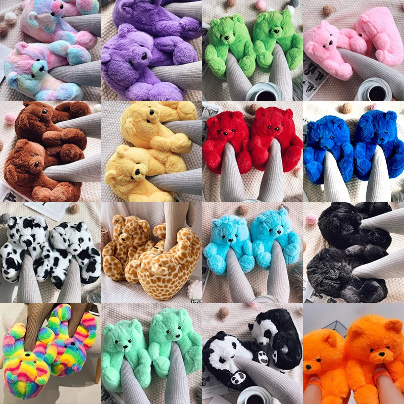 Cute Teddy bear plush Winter slippers,wrapped heel Funny indoor floor shoes,Women gift,warm soft cartoon Fluffy animal slippers