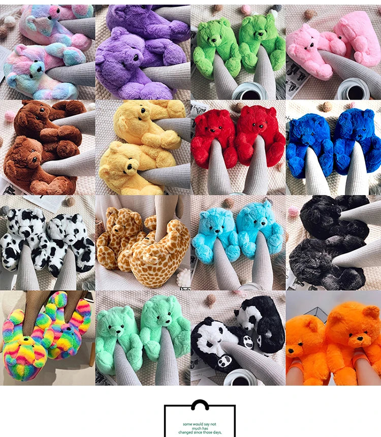 Cute Teddy bear plush Winter slippers,wrapped heel Funny indoor floor shoes,Women gift,warm soft cartoon Fluffy animal slippers