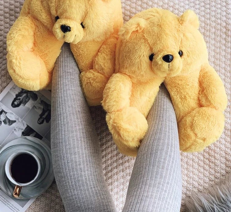 Cute Teddy bear plush Winter slippers,wrapped heel Funny indoor floor shoes,Women gift,warm soft cartoon Fluffy animal slippers