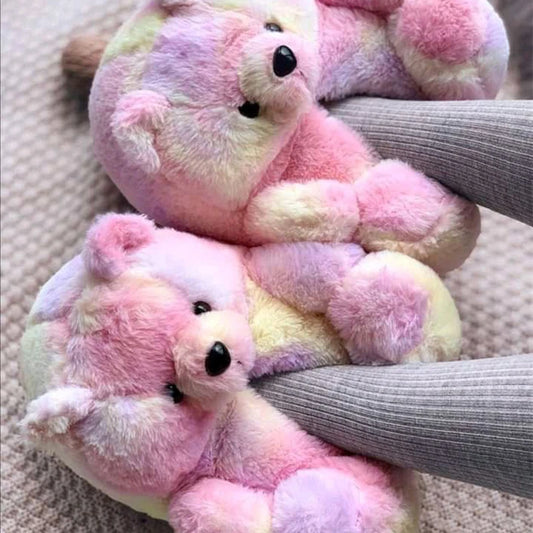 Cute Teddy bear plush Winter slippers，wrapped heel Funny indoor floor shoes，Women gift，warm soft cartoon Fluffy animal slippers