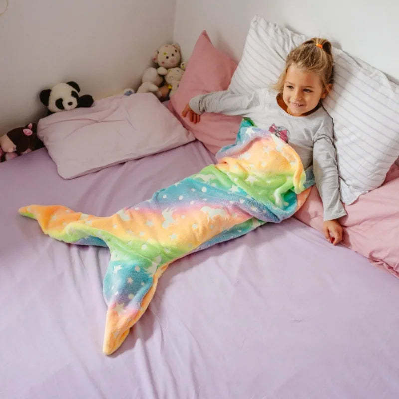 New Night Glow Mermaid Tail Blanket Soft Flannel Fleece Wearable Companion  Cute Kids Blankets  for All Seasons