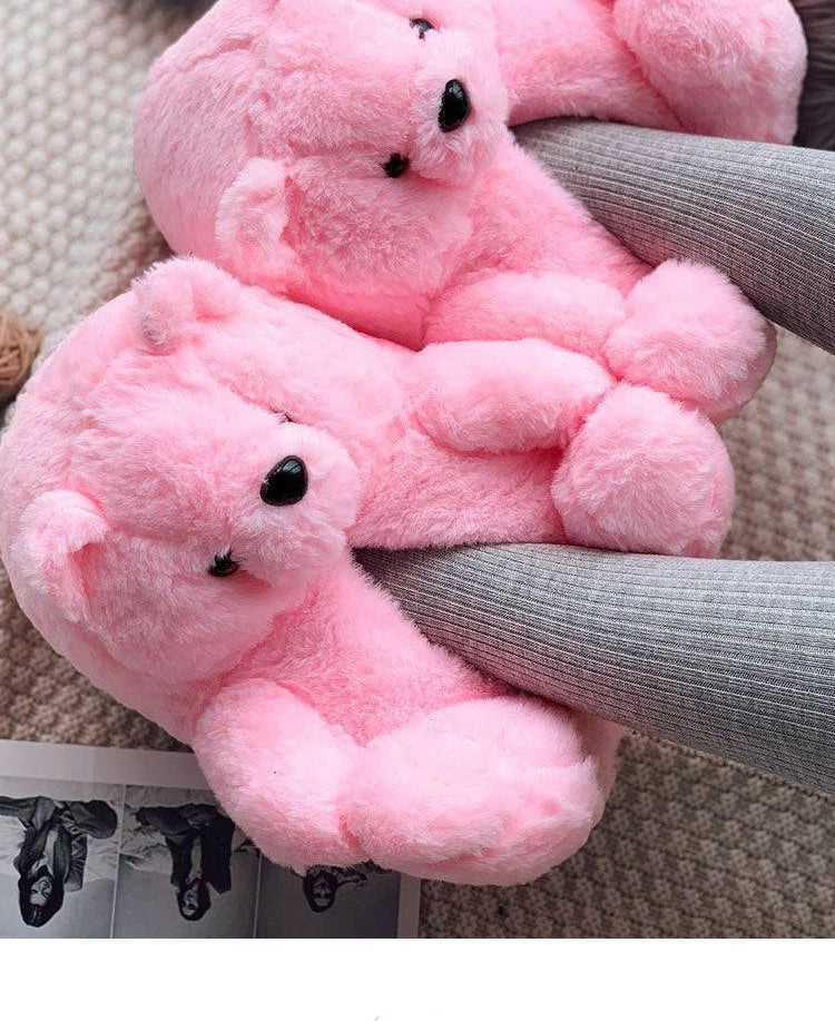Cute Teddy bear plush Winter slippers，wrapped heel Funny indoor floor shoes，Women gift，warm soft cartoon Fluffy animal slippers